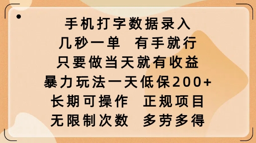 手机打字数据录入，几秒一单，有手就行，只要做当天就有收益，暴力玩法一天低保2张-俗人圈网创