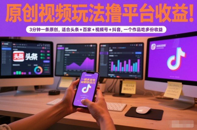 原创视频玩法撸平台收益,3分钟一条原创,适合头条+百家+视频号+抖音,一个作品吃多份收益-俗人圈网创