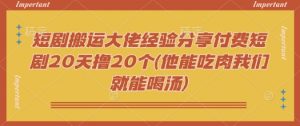 短剧搬运大佬经验分享付费短剧20天撸20个(他能吃肉我们就能喝汤)-俗人圈网创