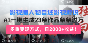 日入2000+!影视剧人物自述解说新玩法,AI暴力起号新姿势,23条作品条...-俗人圈网创