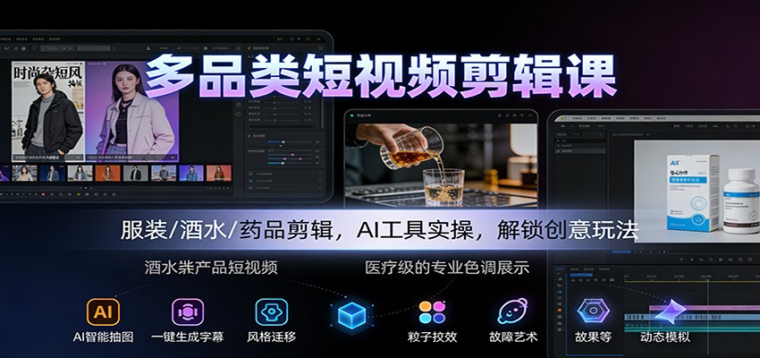 多品类短视频剪辑课:服装/酒水/药品剪辑,AI工具实操,解锁创意玩法-俗人圈网创