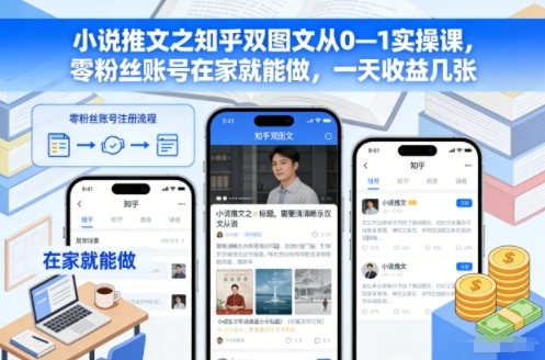 小说推文之知乎双图文从0—1实操课,零粉丝账号在家就能做,一天收益几张-俗人圈网创