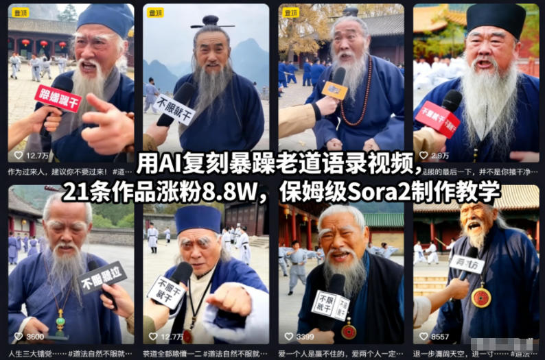 用AI复刻暴躁老道语录视频,21条作品涨粉8.8W,保姆级Sora2制作教学-俗人圈网创