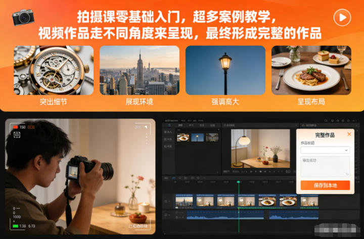 拍摄课零基础入门,超多案例教学,视频作品走不同角度来呈现,最终形成完整的作品-俗人圈网创