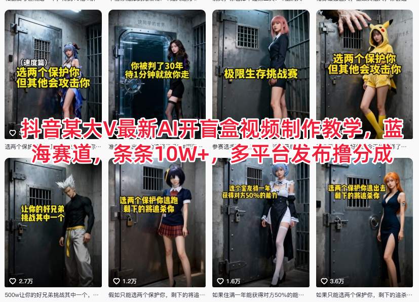 抖音某大V最新AI开盲盒视频制作教学，蓝海赛道，条条10W+，多平台发布撸分成-俗人圈网创