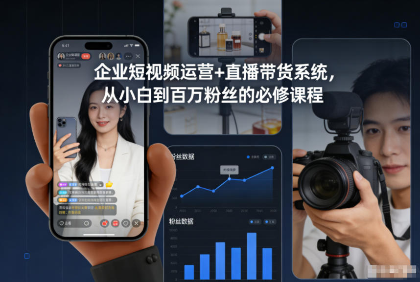 企业短视频运营+直播带货系统，从小白到百万粉丝的必修课程-俗人圈网创