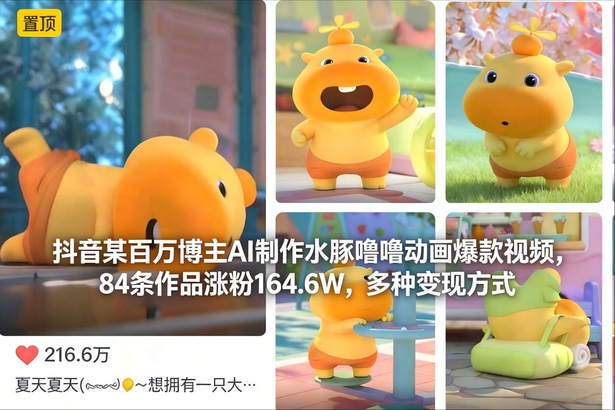 抖音某百万博主AI制作水豚噜噜动画爆款视频，84条作品涨粉164.6W，多种变现方式-俗人圈网创