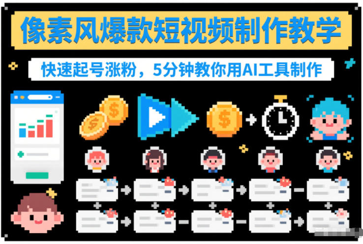 像素风爆款短视频制作教学，快速起号涨粉，5分钟教你用AI工具制作-俗人圈网创
