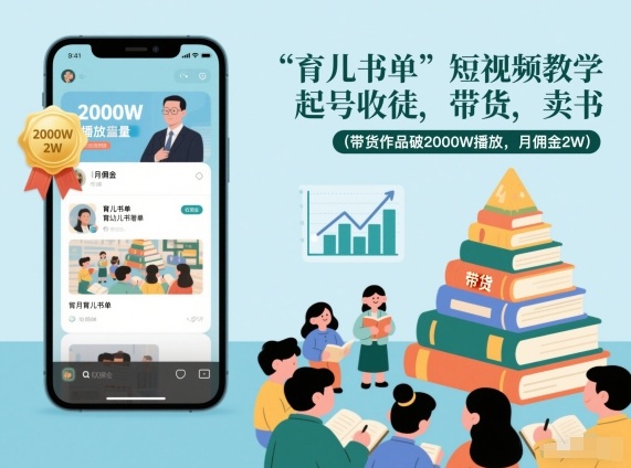 育儿书单短视频教学，起号收徒，带货，卖书(带货作品破2000W播放，月佣金2W)-俗人圈网创