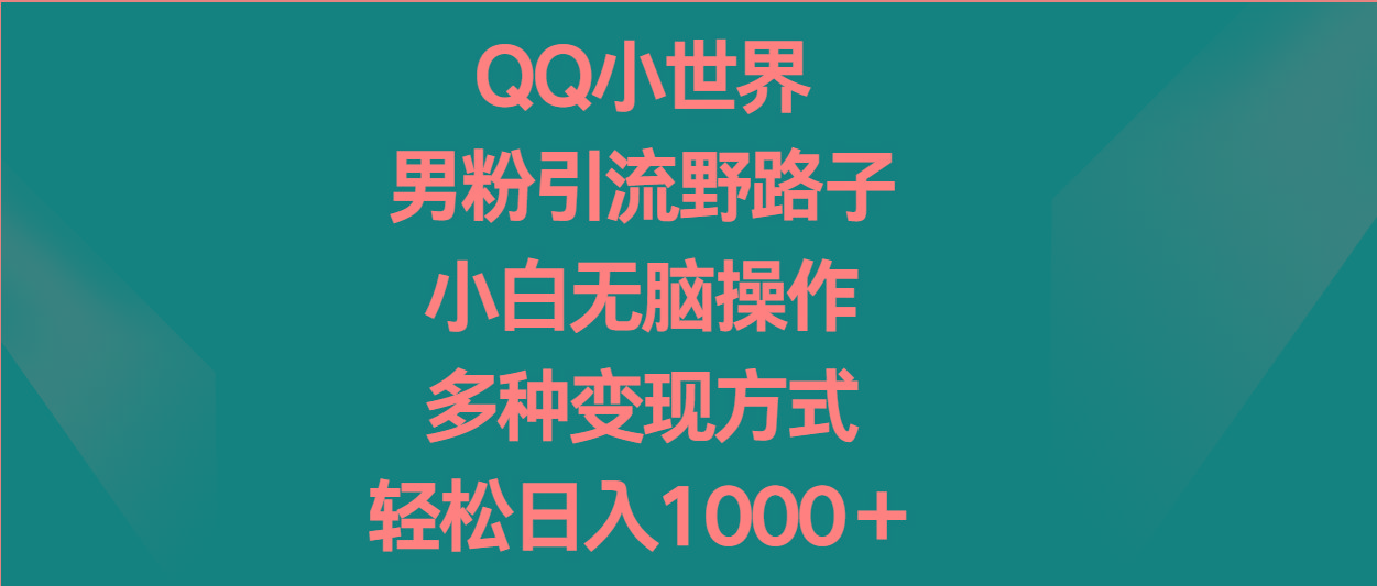 QQ小世界男粉引流野路子，小白无脑操作，多种变现方式轻松日入1000＋-俗人圈网创