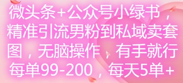 微头条+公众号小绿书，精准引流男粉到私域卖套图，无脑操作，有手就行，每单99-200，每天5单-俗人圈网创